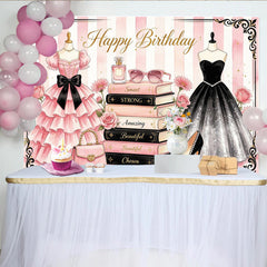 Lofaris Toile de fond anniversaire fille chic avec robes et livres, élégant décor de fête pour studio photo