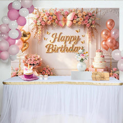 Lofaris Toile de fond joyeux anniversaire rose et or avec fleurs et papillons, décor élégant pour fête et séance photo