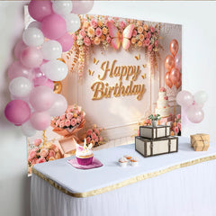 Lofaris Toile de fond joyeux anniversaire rose et or avec fleurs et papillons, décor élégant pour fête et séance photo
