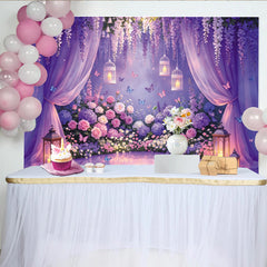 Lofaris Toile de fond de mariage romantique avec fleurs violettes et roses, magnifique décor de jardin enchanté pour cérémonie et séance photo