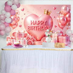 Lofaris Toile de fond rose anniversaire cœur couronne et ballons, magnifique décor de fête avec cadeaux et roses pour séance photo