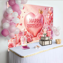 Lofaris Toile de fond rose anniversaire cœur couronne et ballons, magnifique décor de fête avec cadeaux et roses pour séance photo