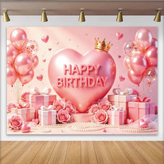Lofaris Toile de fond rose anniversaire cœur couronne et ballons, magnifique décor de fête avec cadeaux et roses pour séance photo