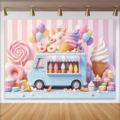 Lofaris Toile de fond anniversaire camion de glaces pastel et donuts, décor gourmand avec ballons et sucreries pour studio photo