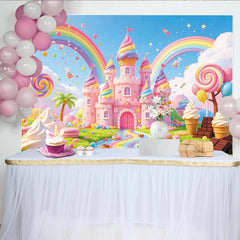 Lofaris Toile de fond pour anniversaire monde des sucreries, château rose et arc-en-ciel, décor de fête pour enfants avec bonbons et sucettes