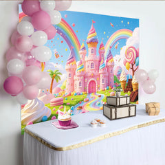 Lofaris Toile de fond pour anniversaire monde des sucreries, château rose et arc-en-ciel, décor de fête pour enfants avec bonbons et sucettes