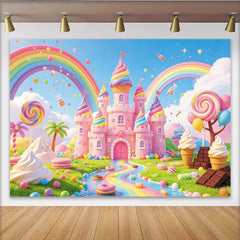 Lofaris Toile de fond pour anniversaire monde des sucreries, château rose et arc-en-ciel, décor de fête pour enfants avec bonbons et sucettes