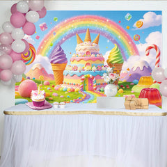 Lofaris Toile de fond pour anniversaire monde des bonbons arc-en-ciel et gâteau féerique, décor de fête coloré pour studio photo et enfants