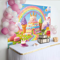 Lofaris Toile de fond pour anniversaire monde des bonbons arc-en-ciel et gâteau féerique, décor de fête coloré pour studio photo et enfants