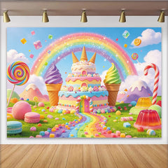 Lofaris Toile de fond pour anniversaire monde des bonbons arc-en-ciel et gâteau féerique, décor de fête coloré pour studio photo et enfants