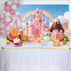 Lofaris Toile de fond anniversaire monde sucré avec château rose et arc-en-ciel, décor féerique pour fête d'enfants et studio photo