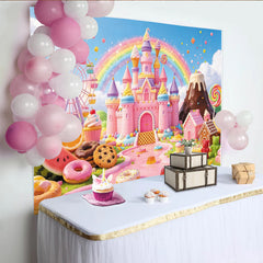 Lofaris Toile de fond anniversaire monde sucré avec château rose et arc-en-ciel, décor féerique pour fête d'enfants et studio photo