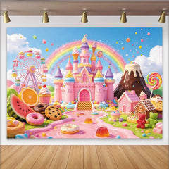 Lofaris Toile de fond anniversaire monde sucré avec château rose et arc-en-ciel, décor féerique pour fête d'enfants et studio photo