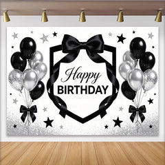 Lofaris Toile de fond joyeux anniversaire noir et argent avec ballons, arrière-plan scintillant pour célébration et photographie