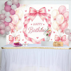 Lofaris Toile de fond joyeux anniversaire rose aquarelle avec ballons et cœurs, élégant décor de fête pour studio photo ou célébration