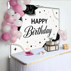 Lofaris Toile de fond anniversaire noir et blanc élégant avec perles, décor chic et moderne pour séance photo de fête