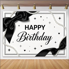 Lofaris Toile de fond anniversaire noir et blanc élégant avec perles, décor chic et moderne pour séance photo de fête