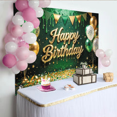 Lofaris Toile de fond joyeux anniversaire vert et or avec ballons et guirlandes, arrière-plan de célébration pour séance photo et studio