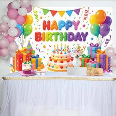 Lofaris Toile de fond joyeux anniversaire colorée avec ballons et gâteau, magnifique décor de fête pour studio photo et célébration