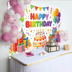 Lofaris Toile de fond joyeux anniversaire colorée avec ballons et gâteau, magnifique décor de fête pour studio photo et célébration