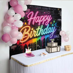 Lofaris Toile de fond pour anniversaire néon graffiti coloré sur mur de briques, arrière-plan de fête vibrant pour studio photo