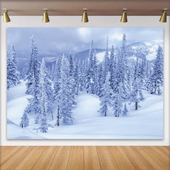 Lofaris Toile de fond de photographie paysage hivernal avec sapins enneigés et montagnes, arrière-plan bleu et blanc pour studio photo