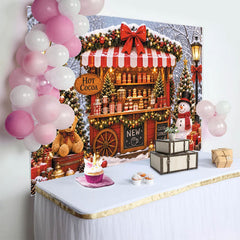 Lofaris Toile de fond de Noël avec stand de chocolat chaud et arbres enneigés, décor festif pour photographie d'hiver et célébrations