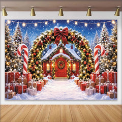Lofaris Toile de fond de Noël avec maison rouge enneigée et sapins illuminés, magnifique décor de fête hivernale avec cadeaux et cannes à sucre