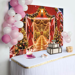 Lofaris Toile de fond de Noël rouge avec sapins enneigés et lumières scintillantes, magnifique décor festif pour studio photo et fête