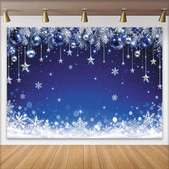 Lofaris Toile de fond de Noël bleue et argentée avec flocons de neige et étoiles, magnifique arrière-plan d'hiver pour fête du Nouvel An