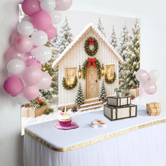Lofaris Toile de fond de Noël maison enneigée avec sapins et couronnes rouges, décor féerique pour photographie et ambiance de fête