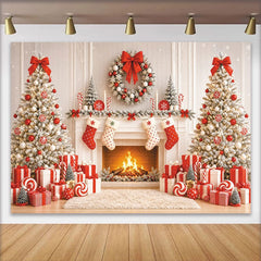 Lofaris Toile de fond de Noël avec sapins enneigés et cheminée décorée, décor festif avec cadeaux pour photographie de famille