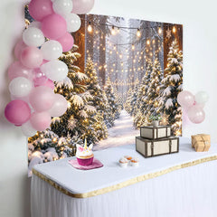 Lofaris Toile de fond de Noël forêt enneigée avec lumières et flocons, arrière-plan d'hiver pour studio photo et fête du Nouvel An