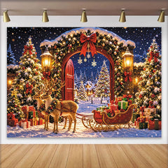 Lofaris Toile de fond de Noël avec arche illuminée, sapins et rennes, décor féerique pour fêtes hivernales et photos