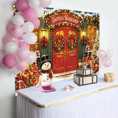 Lofaris Toile de fond de Noël avec bonhomme de neige, sapins et cadeaux, porte rouge, décor d'hiver pour studio photo et fête de fin d'année