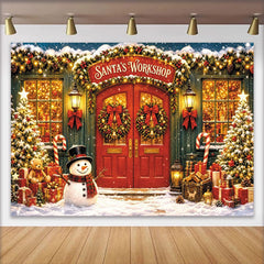 Lofaris Toile de fond de Noël avec bonhomme de neige, sapins et cadeaux, porte rouge, décor d'hiver pour studio photo et fête de fin d'année