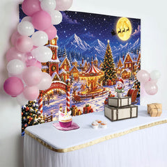 Lofaris Toile de fond de Noël village enneigé, lumières festives et carrousel, magnifique arrière-plan hivernal pour studio photo et fête