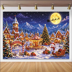 Lofaris Toile de fond de Noël village enneigé, lumières festives et carrousel, magnifique arrière-plan hivernal pour studio photo et fête