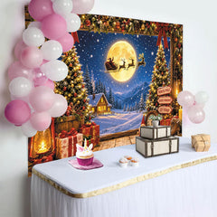 Lofaris Toile de fond de Noël avec Père Noël, lune et village enneigé, magnifique arrière-plan festif pour studio photo et décoration