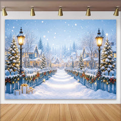 Lofaris Toile de fond de Noël village enneigé, lumières et sapins, magnifique décor d'hiver pour studio photo et fête