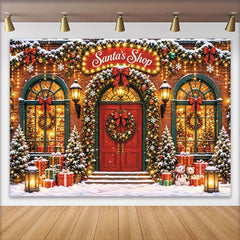 Lofaris Toile de fond de Noël boutique du Père Noël enneigée et festive, arrière-plan lumineux pour studio et décoration de fête