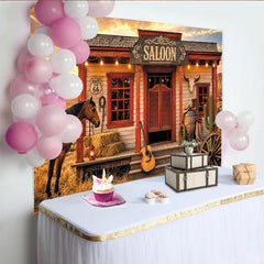 Lofaris Toile de fond de photographie western saloon avec cheval et coucher de soleil, arrière-plan rustique de désert pour studio photo