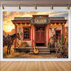 Lofaris Toile de fond de photographie western saloon avec cheval et coucher de soleil, arrière-plan rustique de désert pour studio photo