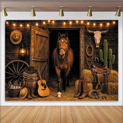 Lofaris Toile de fond de photographie western avec cheval, grange rustique et accessoires de cowboy, pour studio photo et événements à thème