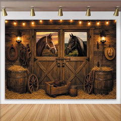Lofaris Toile de fond de photographie western avec chevaux et grange rustique, magnifique arrière-plan de ferme pour studio photo
