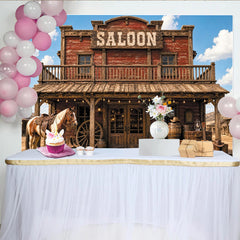 Lofaris Toile de fond de photographie western saloon avec cheval et bottes, véritable arrière-plan rustique pour studio photo et fête Far West