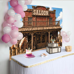 Lofaris Toile de fond de photographie western saloon avec cheval et bottes, véritable arrière-plan rustique pour studio photo et fête Far West