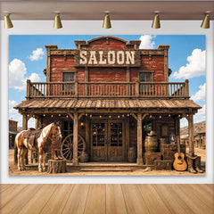 Lofaris Toile de fond de photographie western saloon avec cheval et bottes, véritable arrière-plan rustique pour studio photo et fête Far West