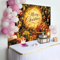 Lofaris Toile de fond de Noël avec lumières dorées, cadeaux et renne, magnifique arrière-plan scintillant pour décoration de fête