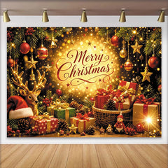 Lofaris Toile de fond de Noël avec lumières dorées, cadeaux et renne, magnifique arrière-plan scintillant pour décoration de fête
